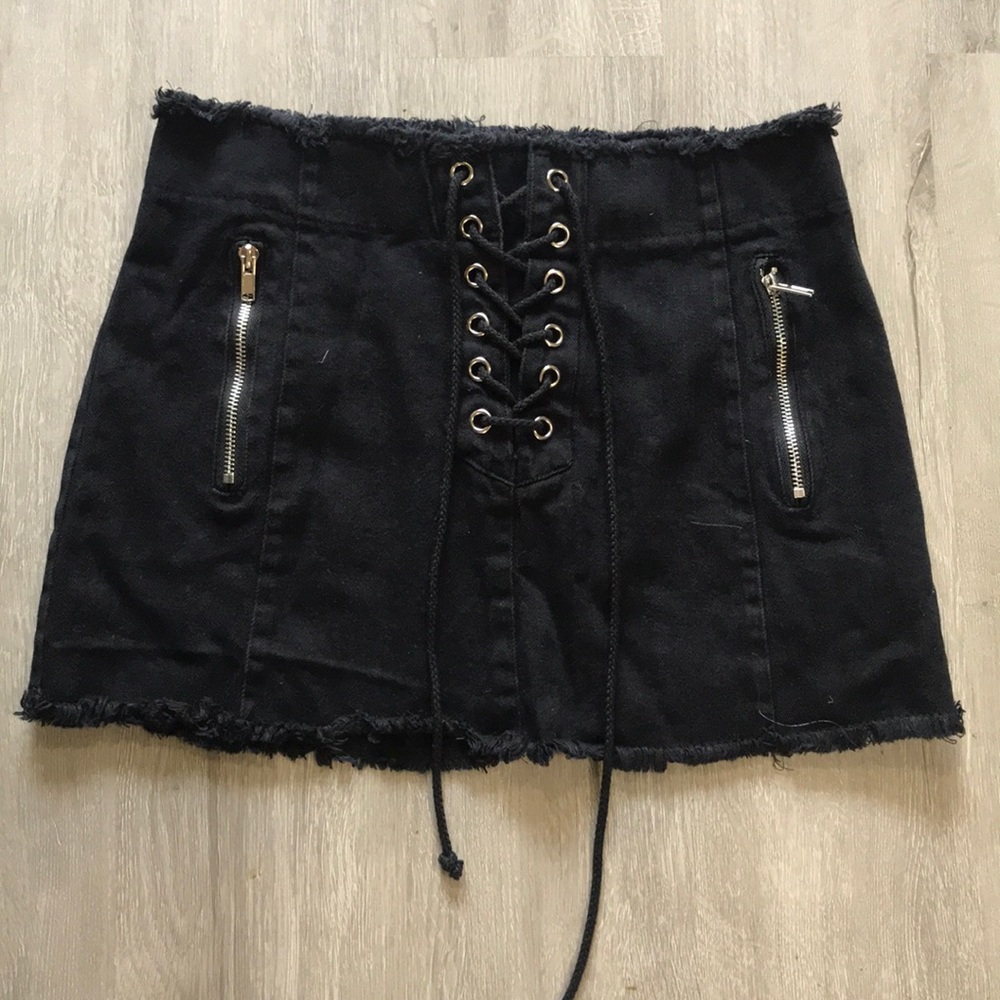 Raw hem lace up black denim skirt